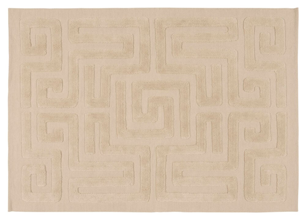 Suorakulmainen beige Hiekka Villa matto, jossa kohokuvioinen geometrinen labyrinttikuvio ylhäältä.