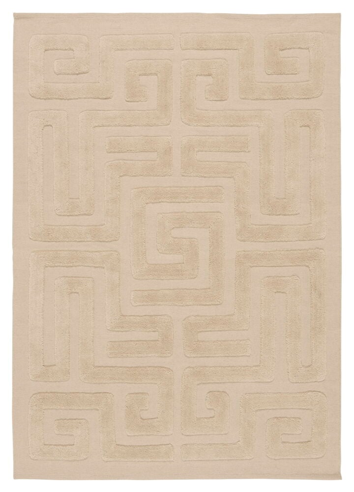 En rektangulär Sand Ullmatta med ett upphöjt geometriskt labyrintmönster.