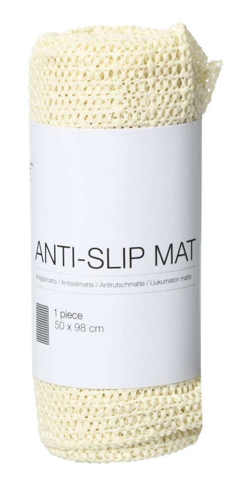 Beige halkskyddsmatta i rulle med etikett.
