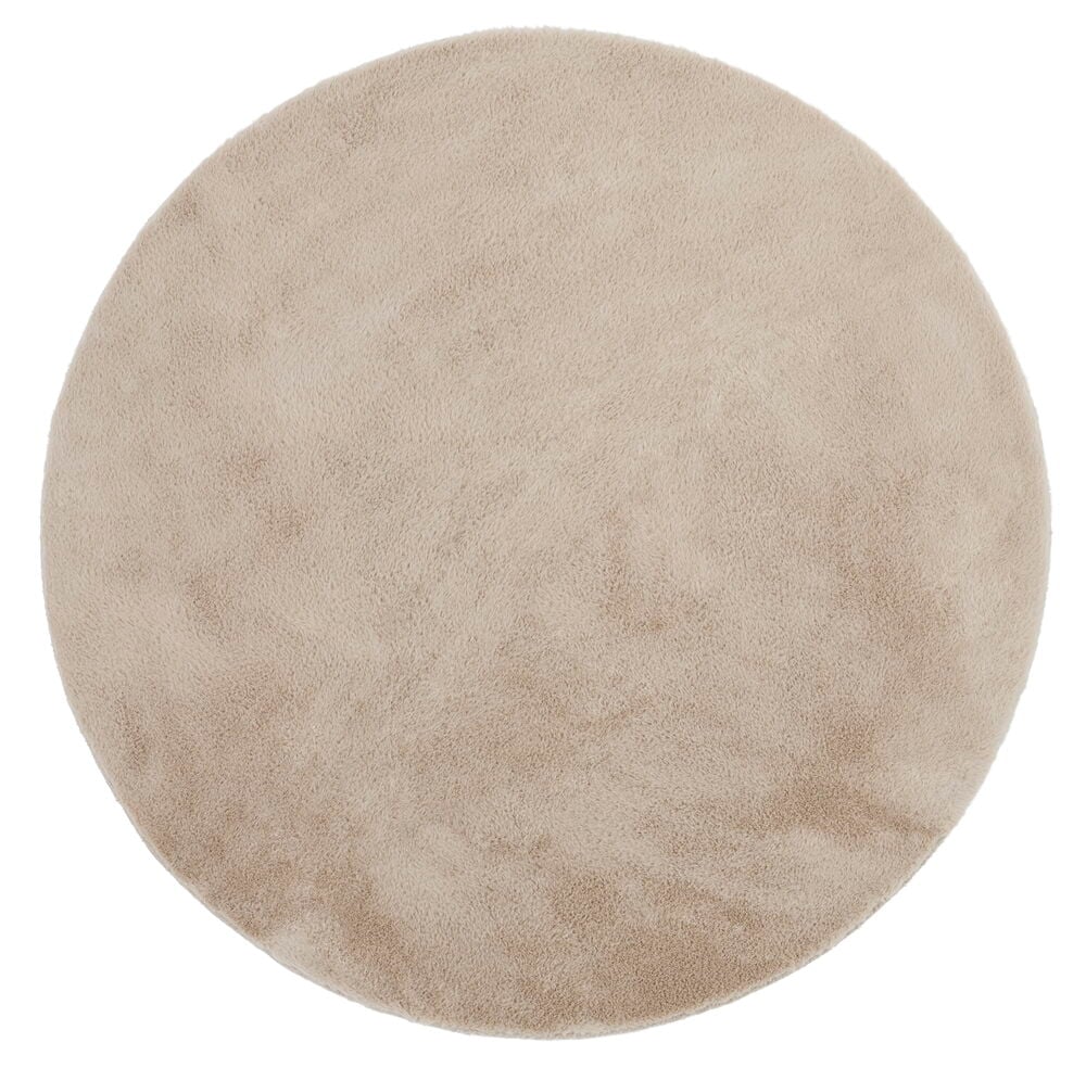 Et rundt beige Ø180 cm polyesterteppe med myk tekstur.