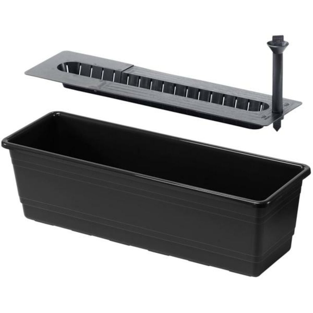 Musta itseään kastava parvekelaatikko kannella ja ilmaisimella.