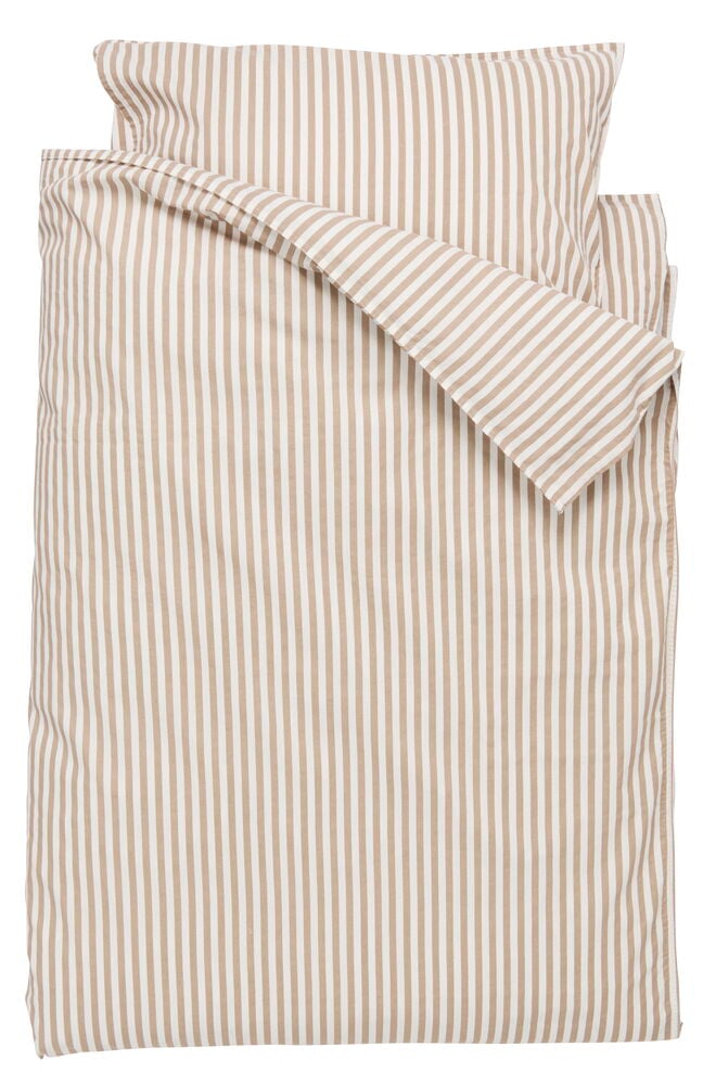 Beige ja valkoinen raidallinen pussilakanasetti ja tyynyliina.