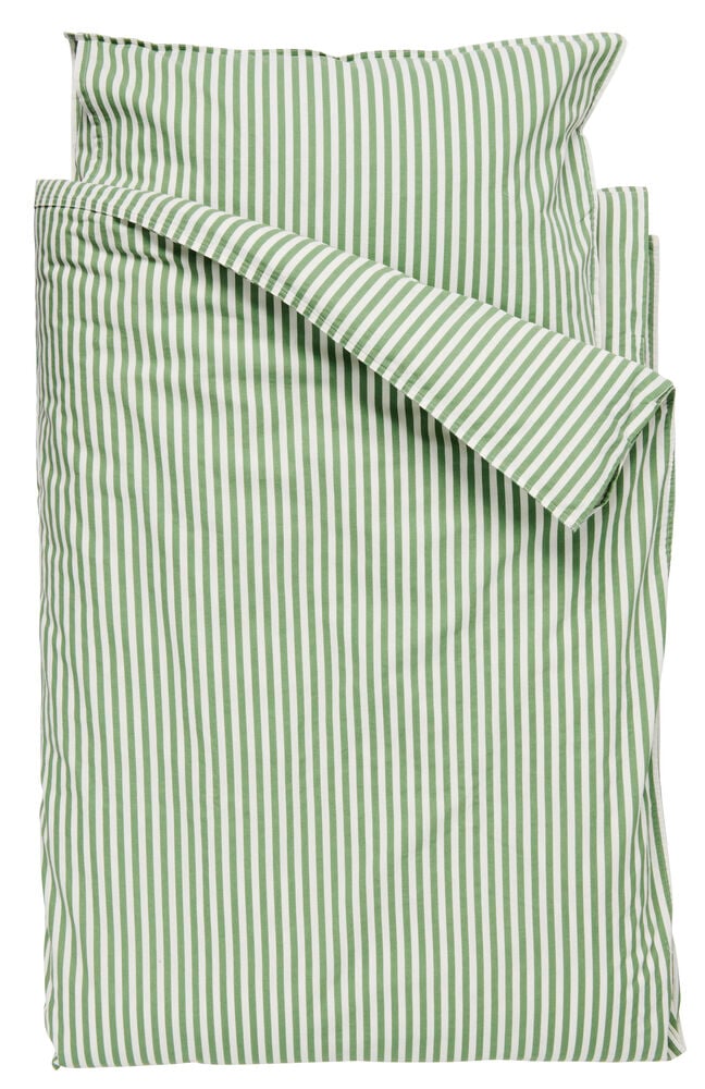 Grön och vitrandigt påslakanset i bomull.