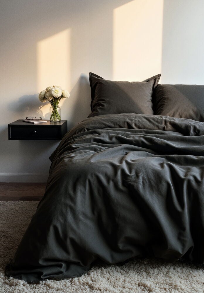 Bettwäsche-Set Vida 135x200 cm Grau Baumwolle auf einem Bett mit zwei Kissen.