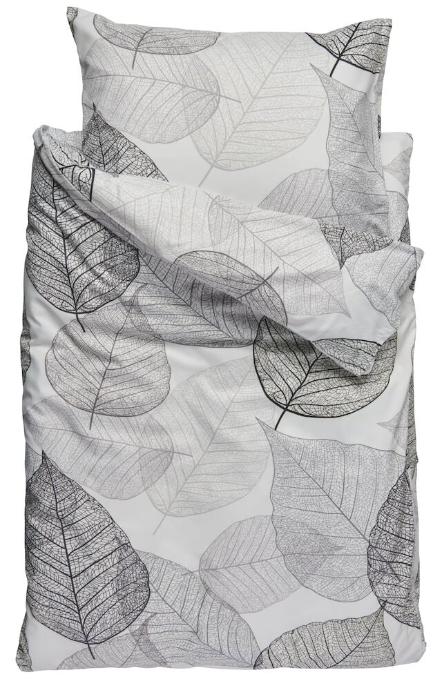 Vitt påslakanset med grått bladmönster.