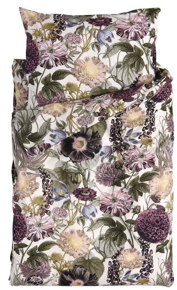 Vuodevaatesetti kukkakuviolla violetissa ja vihreässä.