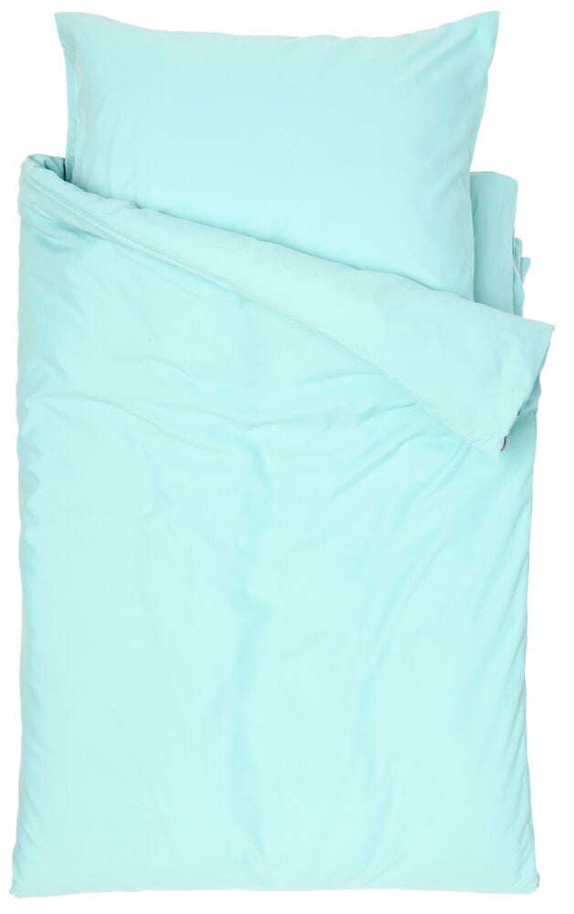 Pastellinvihreä polyesteristä valmistettu pussilakanasetti tyynynpäällisellä.