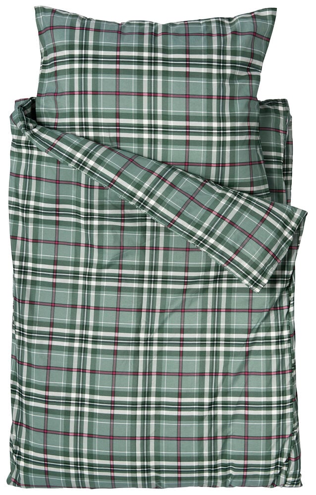 Sengesett Micro Rita grønn Polyester, grønt rutete dynetrekk og putetrekk med hvite og rosa striper.