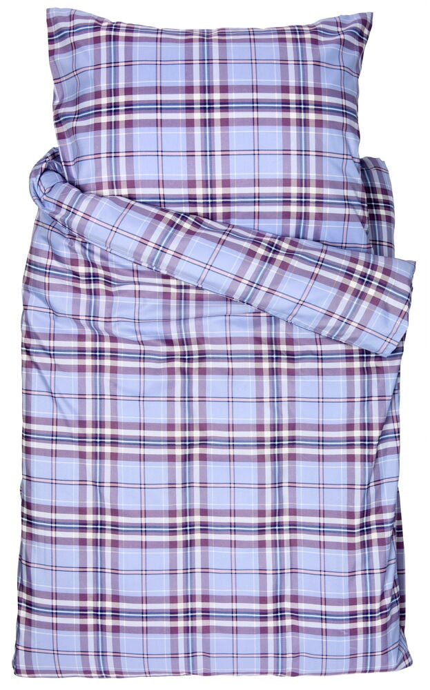 Ruutuinen pussilakanasetti sinisenä ja liilana polyesterinä.