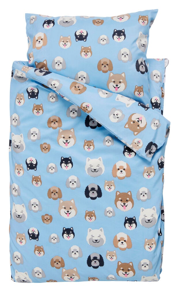 Blaues Bettbezug-Set mit Welpenmuster und Reißverschluss.