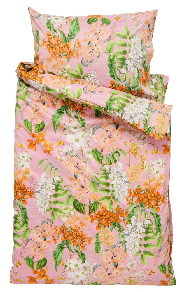 Vaaleanpunainen pussilakanasetti kukkakuviolla ja vehreydellä.