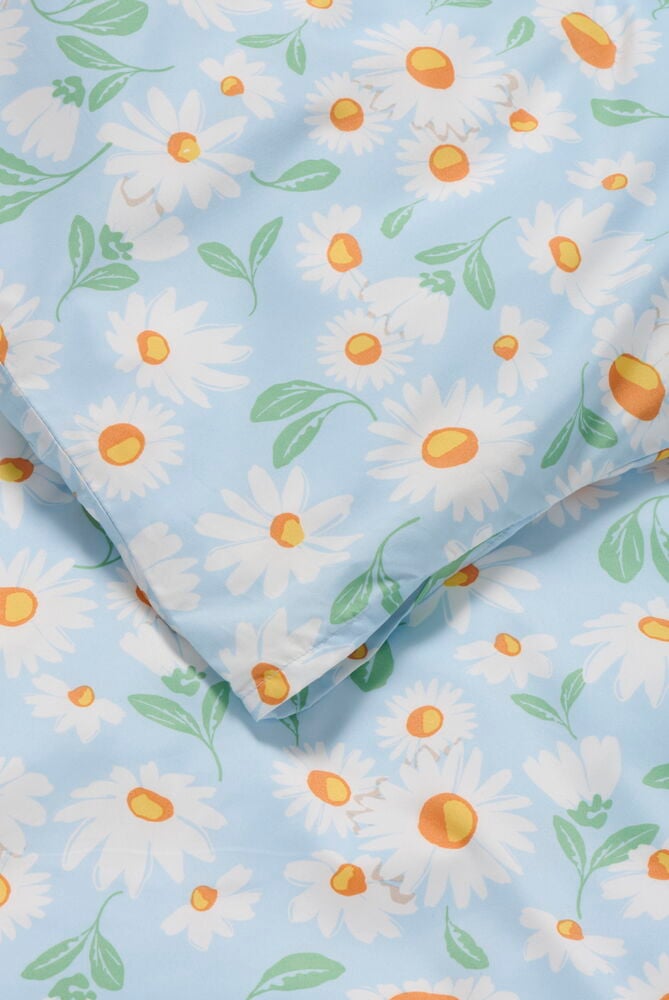 Bettwäsche-Set Micro 135x200 cm Daisy Polyester, hellblau mit weißem und orangefarbenem Gänseblümchenmuster.
