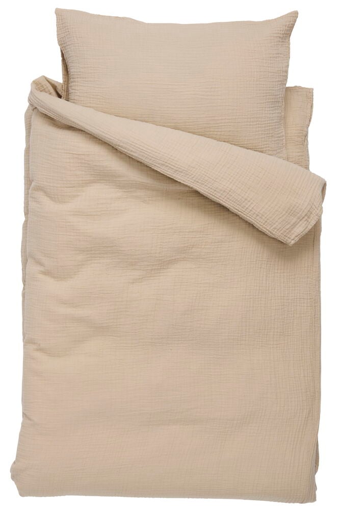 Ein Elsaform Muslin beige Baumwoll-Bettwäsche-Set mit Bettbezug und passendem Kissenbezug.