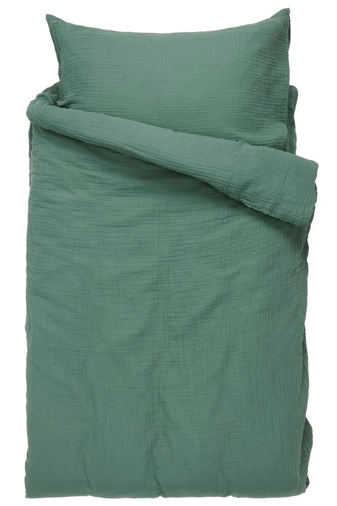 Grünes Bettwäsche-Set aus Musselin-Baumwolle mit Bettbezug und Kissenbezug.
