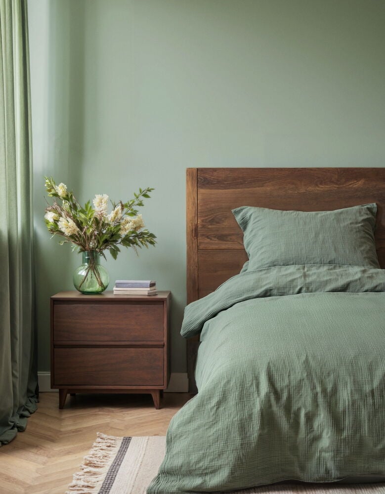 Grünes Bettwäsche-Set aus Baumwoll-Musselin mit Bettbezug und Kissenbezug auf einem Bett mit Holz-Kopfteil.