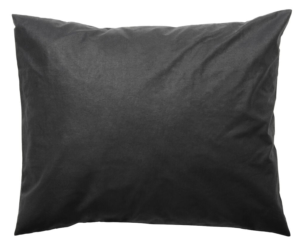 Mörkgrått örngott i bomull liggande platt.