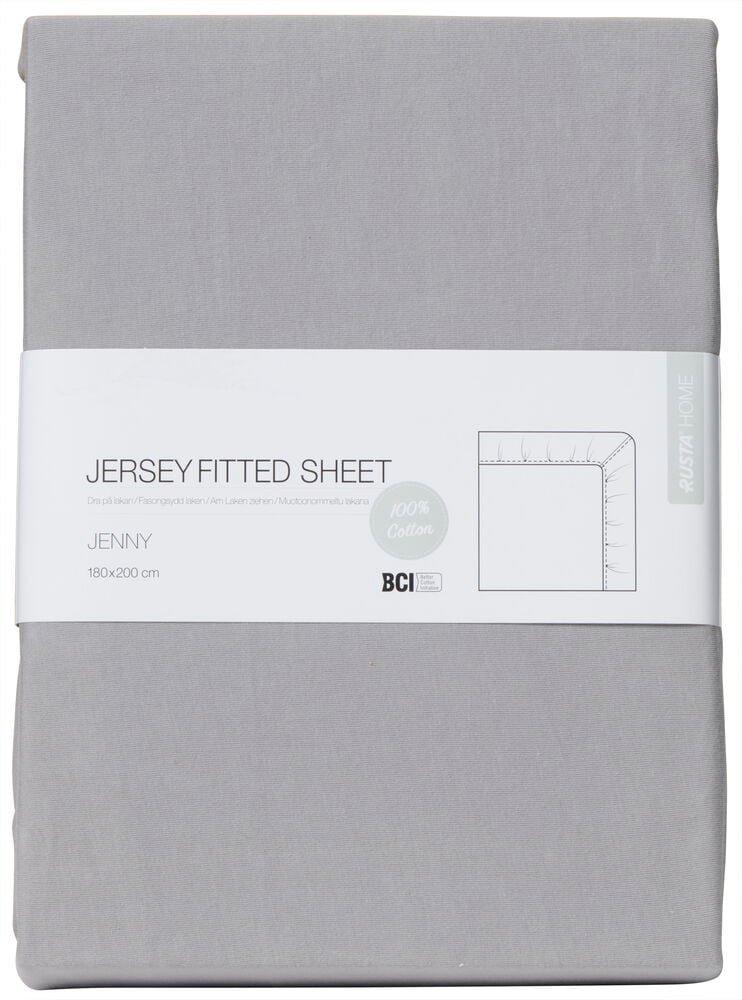 Graues Spannbettlaken aus Baumwolljersey, gefaltet und verpackt.