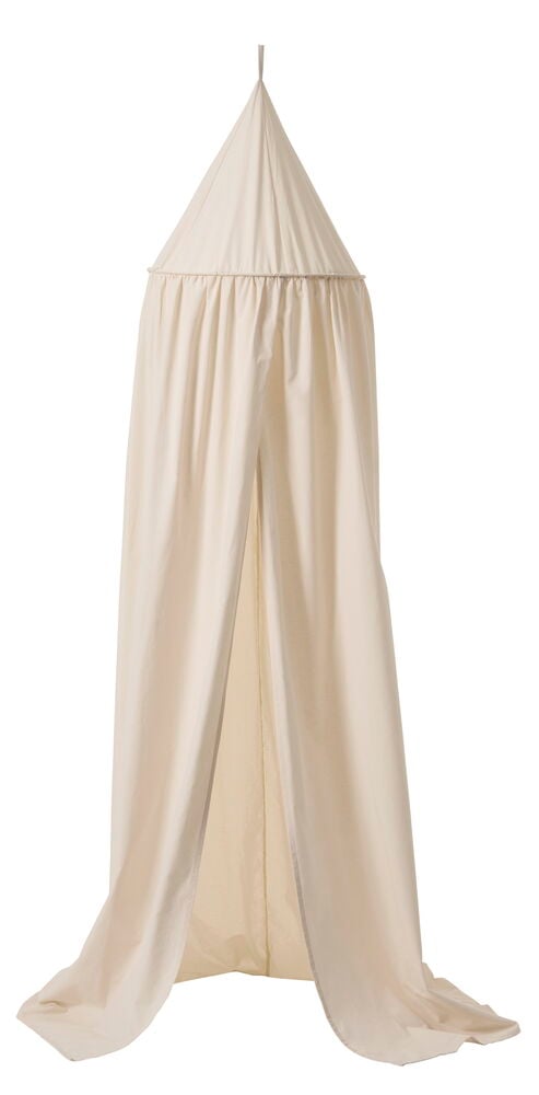 Beige sängykatos lastenhuoneeseen, jossa on terävä katto.