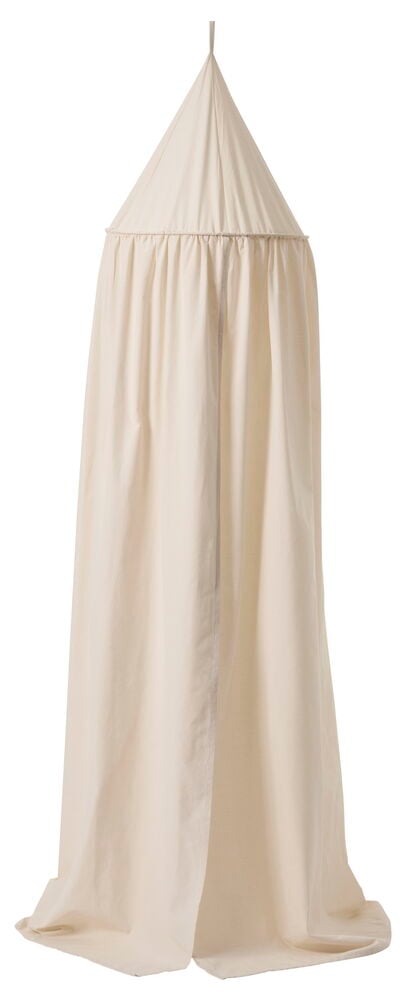 Beige puuvillasta valmistettu sängynkatos lastenhuoneeseen.