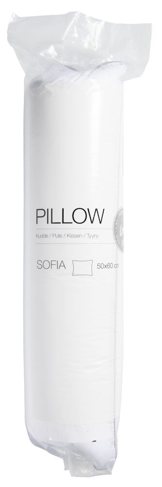 En vit kudde i plastförpackning stående upp.