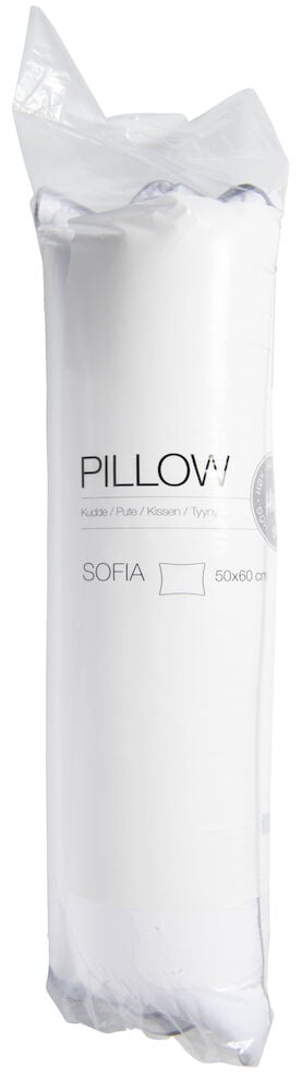 Valkoinen tyyny muovipakkauksessa painatuksella.