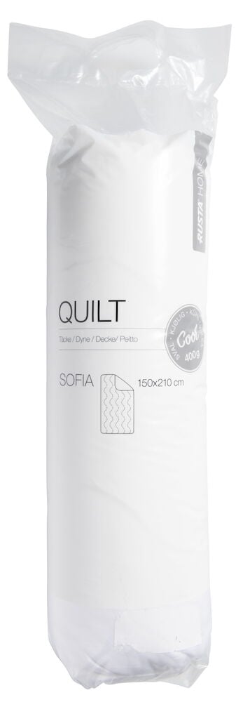 Valkoinen peite muovipakkauksessa, jossa on selkeä etiketti.