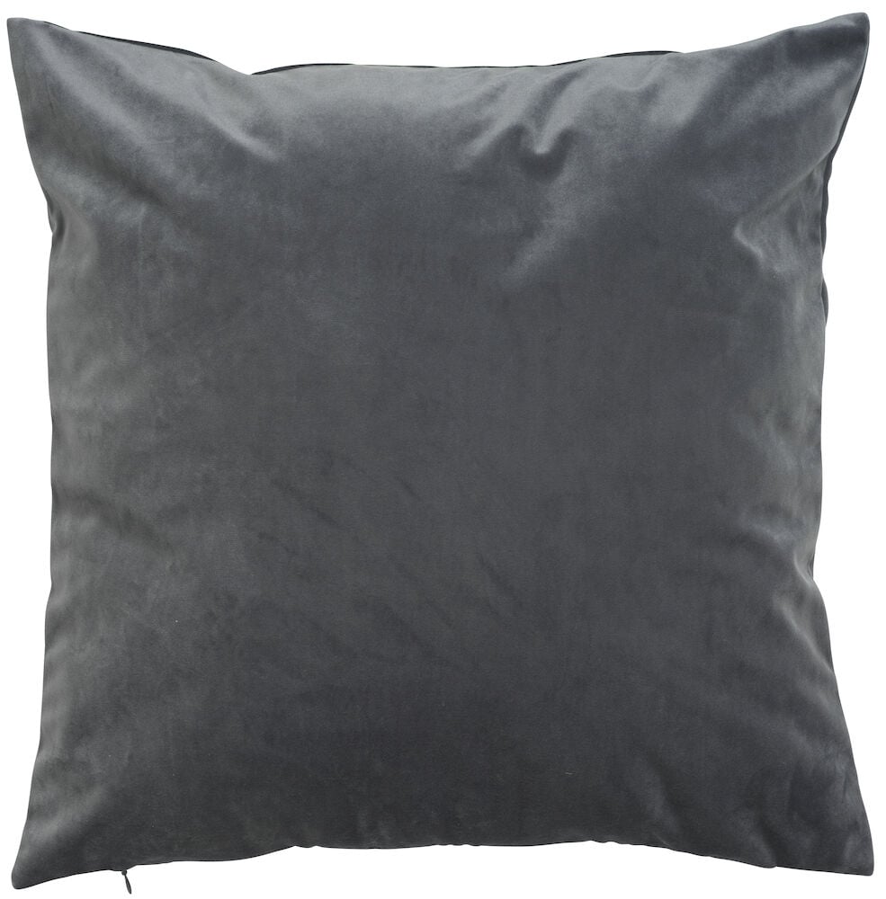 Harmaa samettityynyliina sohvalle tai sängylle.