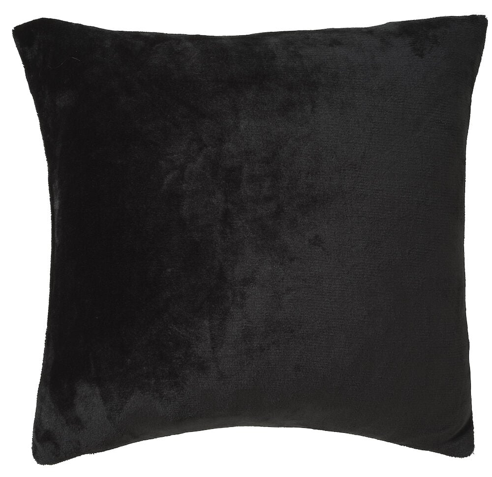 Schwarzer Kissenbezug aus Polyester mit samtartiger Oberfläche.