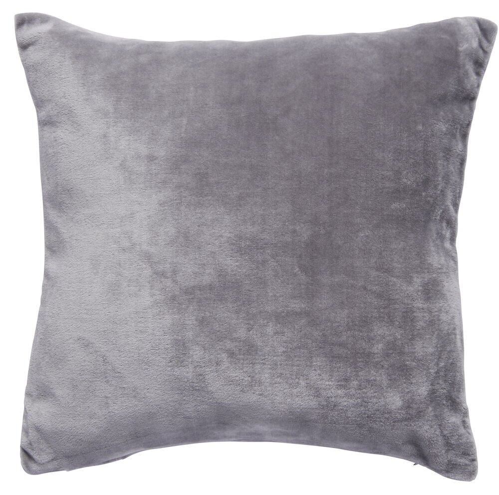 Hellgrauer Kissenbezug aus weichem Polyesterstoff.
