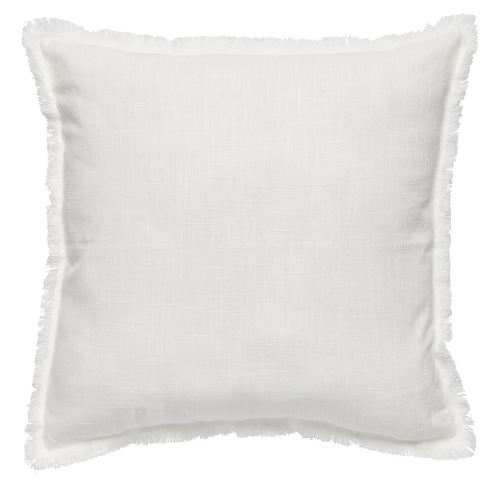 Weißer Kissenbezug aus Baumwolle mit Fransen rundherum.
