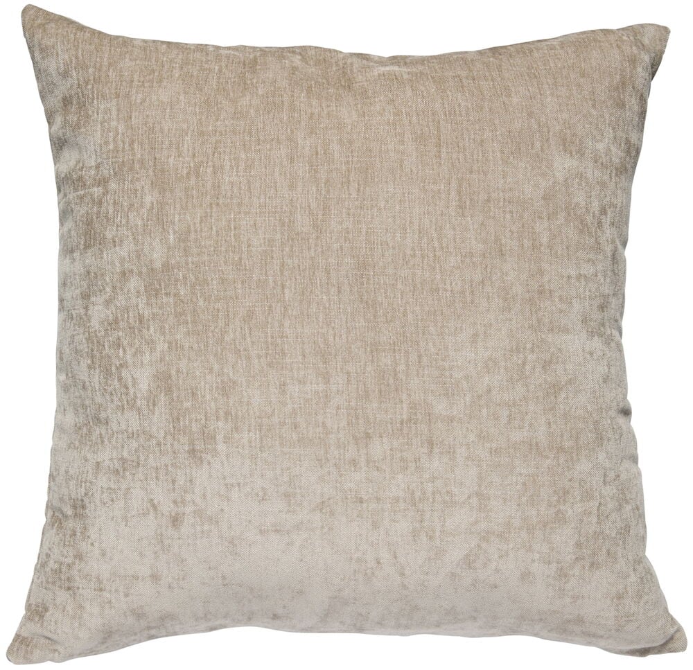 Beige tyynynpäällinen pehmeää sametin kaltaista polyesteriä.