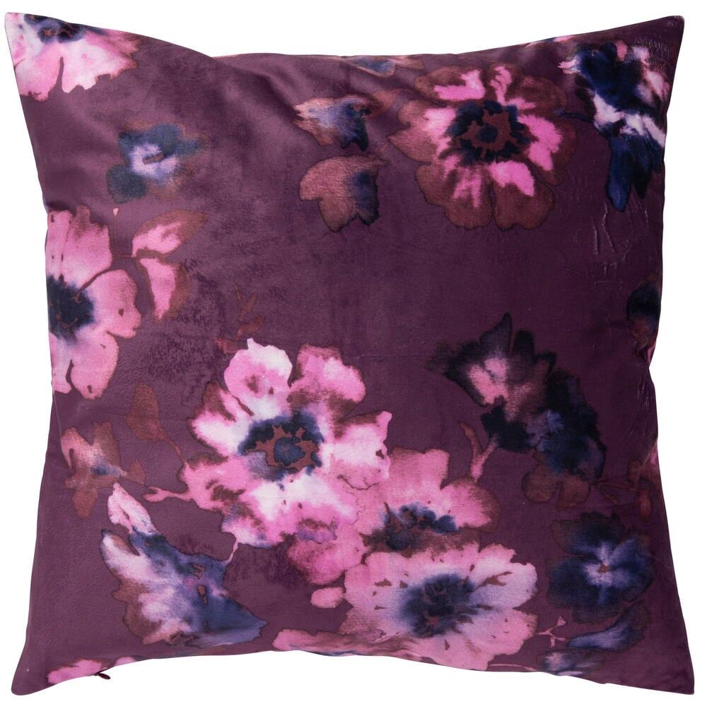 Lila Samtkissenbezug mit Blumenmuster.