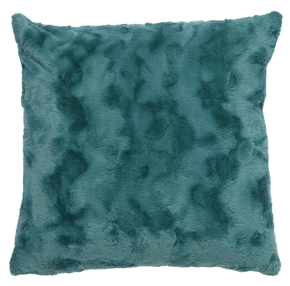 Blaugrüner Kissenbezug mit flauschiger, fellähnlicher Oberfläche.