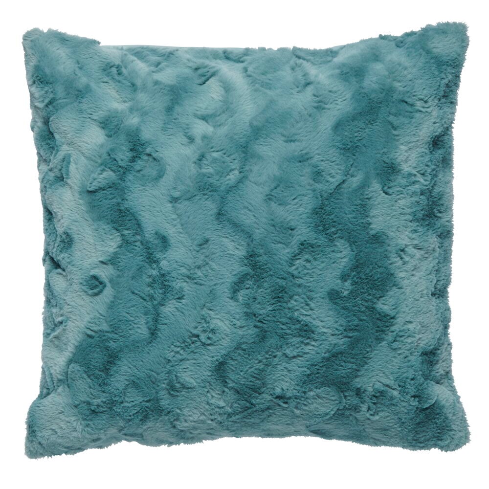 Sinivihreä tyynynpäällinen pehmeällä tekoturkisrakenteella.