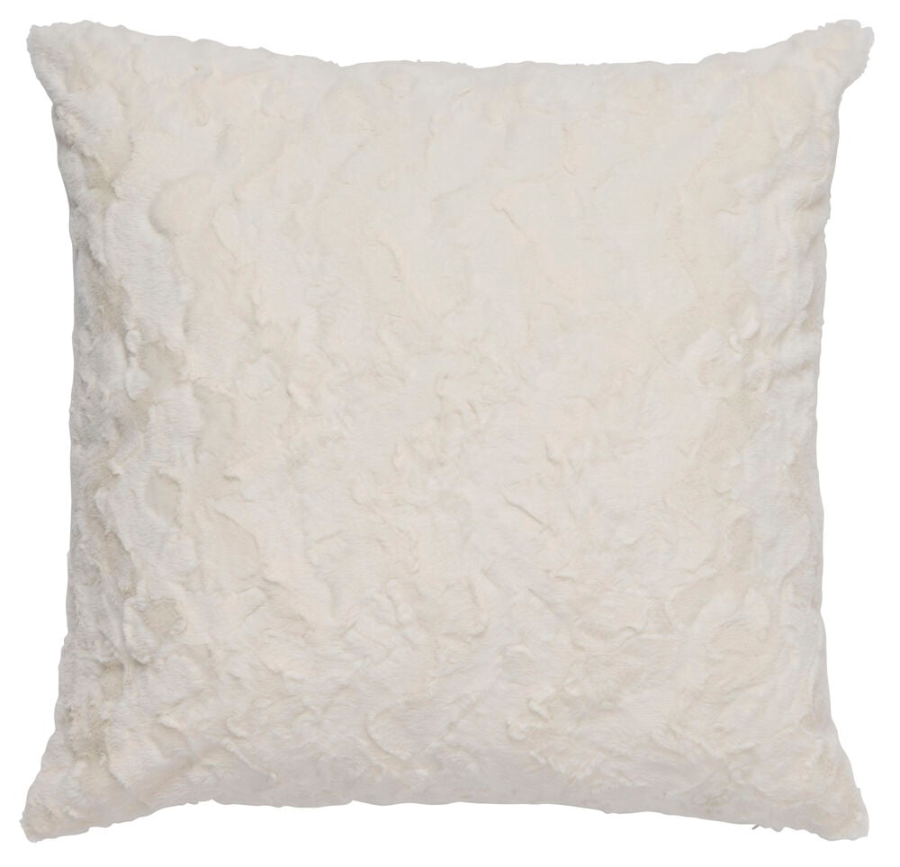 Suuri off-white tyynynpäällinen, jossa on pehmeä, turkkia muistuttava pinta.