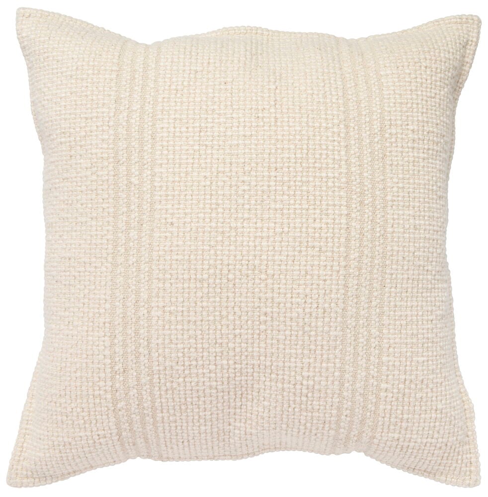 Beige kuddfodral med vävd struktur och dekorativa ränder.