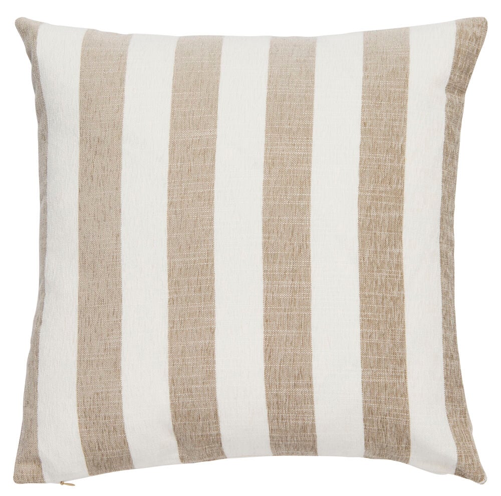 Raidallinen tyynynpäällinen luonnonvärisestä polyesterisametista.