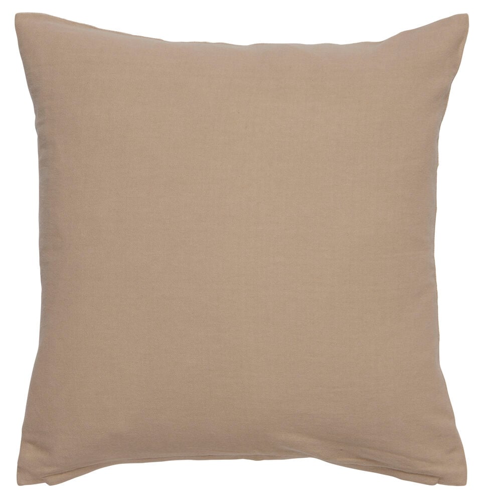 Beiges quadratisches Kissenbezug aus Baumwolle ohne Muster.