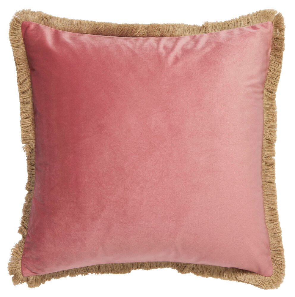 Rosa Kissenbezug aus Velours mit beiger Paspel.