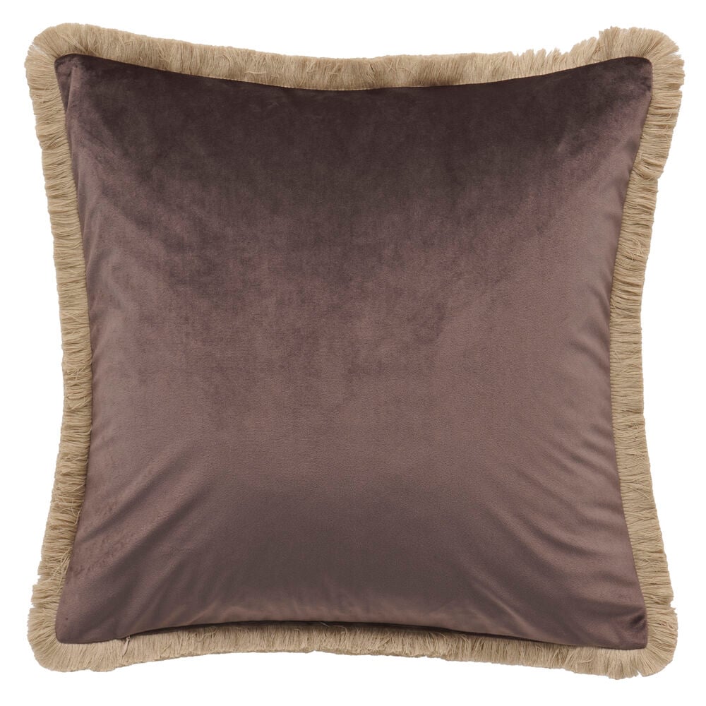 Brauner Polyester-Samtkissenbezug mit hellbeigen Fransenrändern in quadratischer Form.