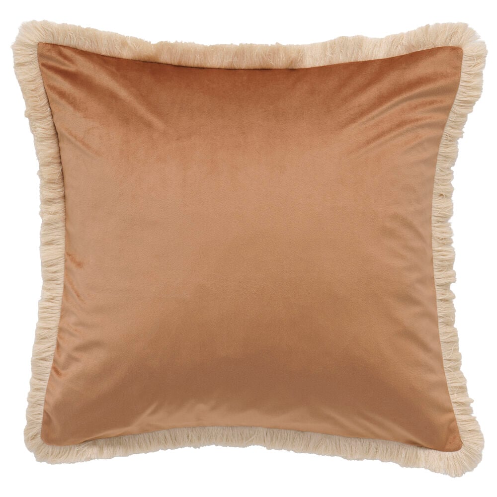Zimtfarbener Kissenbezug aus Polyester mit Fransenkanten.
