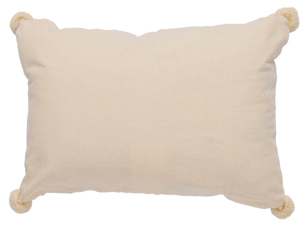 Rektangulär naturfärgad kudde med tofsar i hörnen.