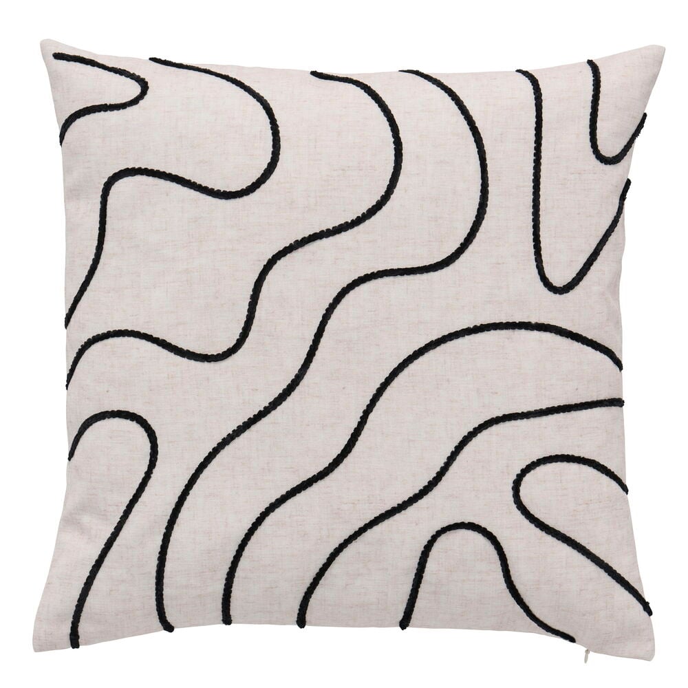 Tyynynpäällinen Julie Luonnonvärinen Polyesteriä Sopii sisätyynylle 50x50 cm, luonnonvalkoinen mustin aaltoilevin kirjailluin viivoin, edestä.