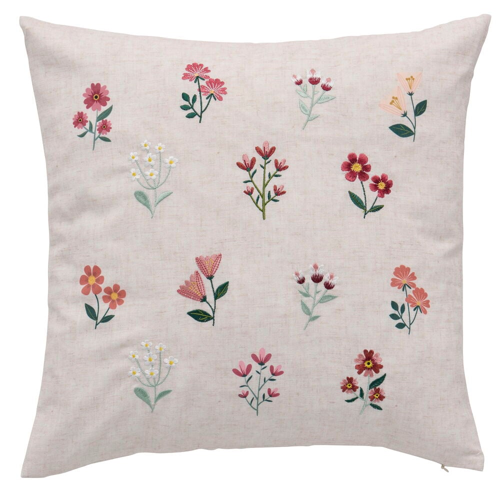 Putetrekk Flora Natur Polyester Passer innerpute 50x50 cm, et beige firkantet trekk med fargerike broderte blomster.