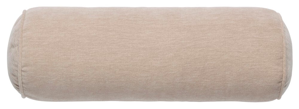 Meja Beige Polyester pyntepute, en sylindrisk bolsterpute med kantbånd i endene.