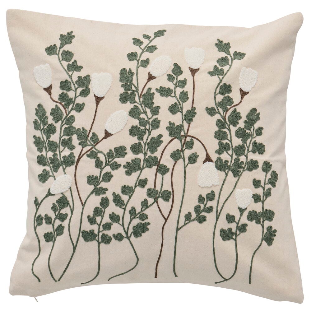 Putetrekk Elsaform Floral Natur Bomull Passer innerpute 50x50 cm med blommønster: grønne blad, brune stilker, hvite broderte blomster.