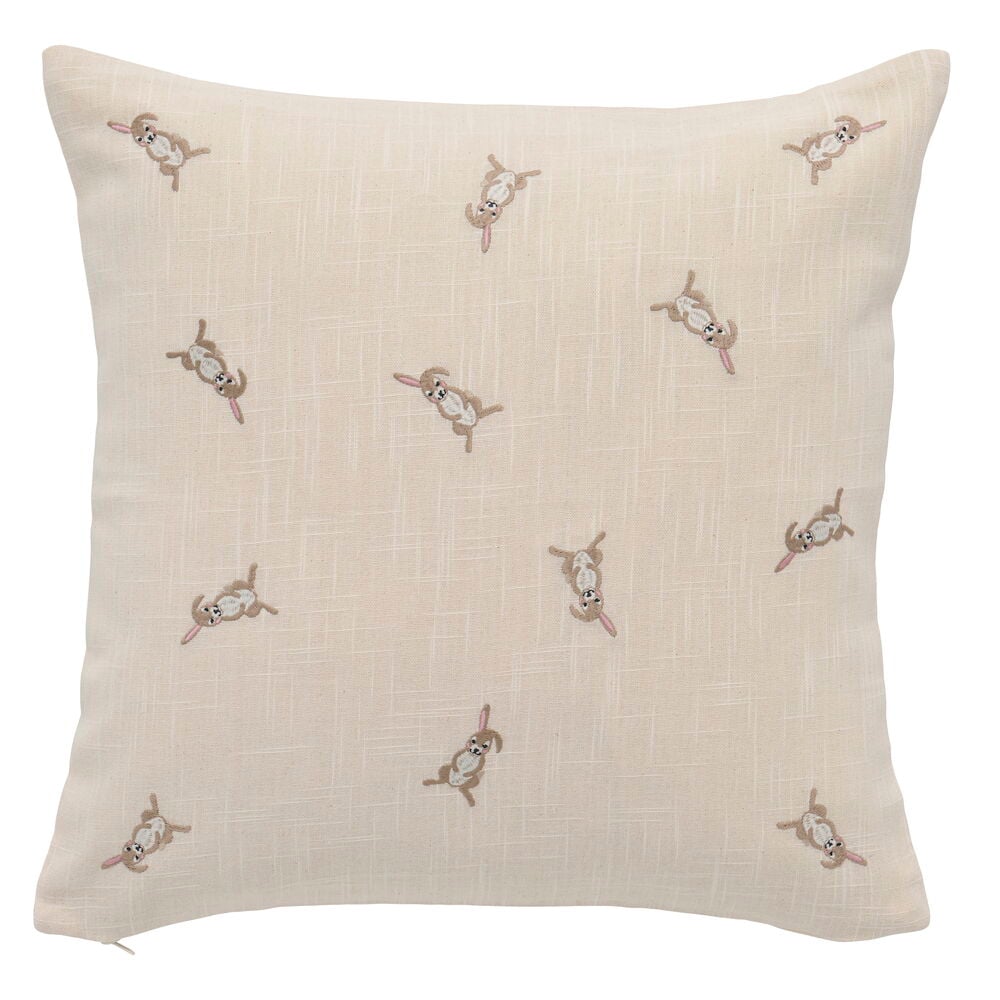 Kuddfodral Elsaform Kids Bunny Natur Bomull med utspridda broderade bruna kaniner och rosa öron.