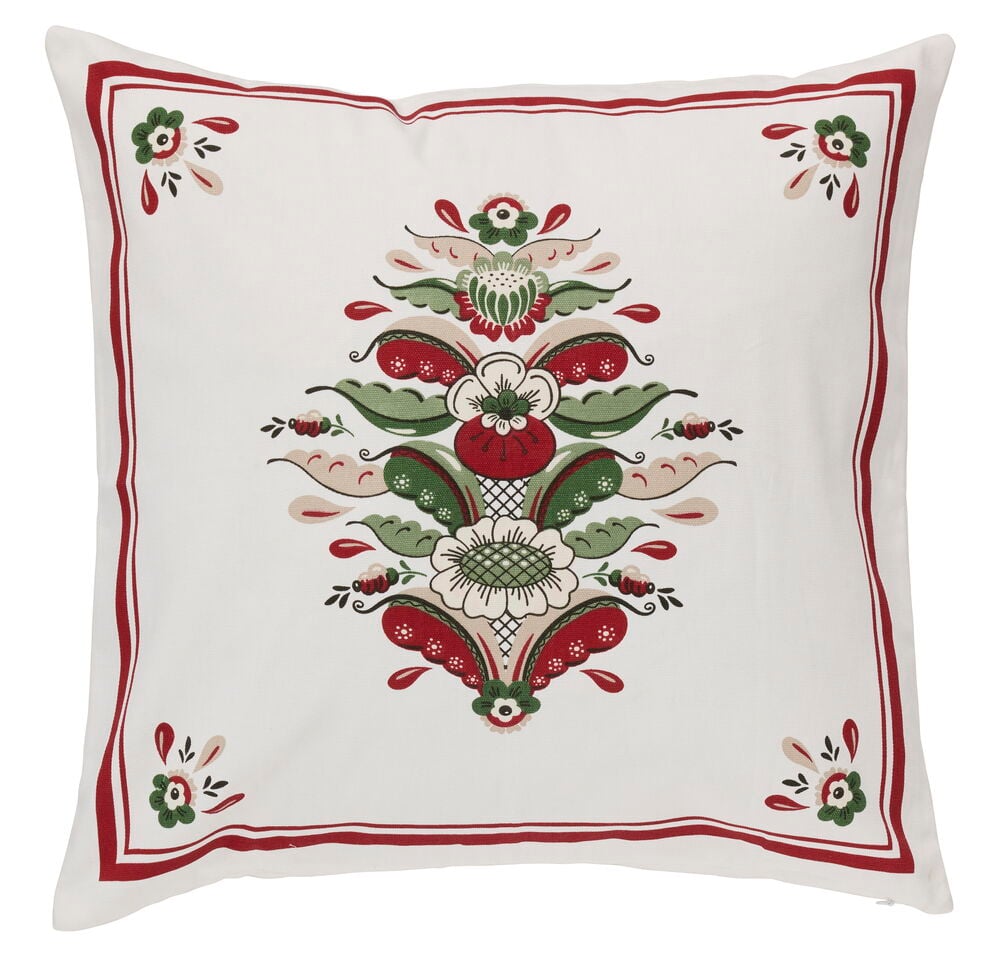 Kissenbezug Astrid aus weißer Baumwolle 50x50 cm, roter Doppellinienrand, folkloristisches Blumenmuster.