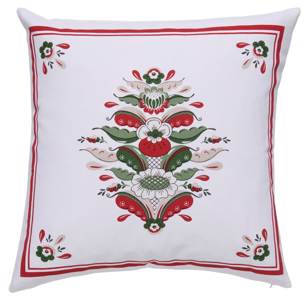 Kissenbezug Astrid aus weißer Baumwolle mit rot, grün, beige Blumenmuster und rotem Rand.