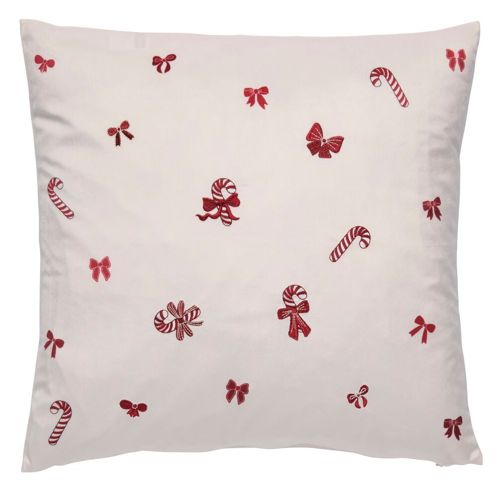Off-white Polyester putetrekk med røde broderte sukkertøy og sløyfer, passer innerpute 50x50 cm.